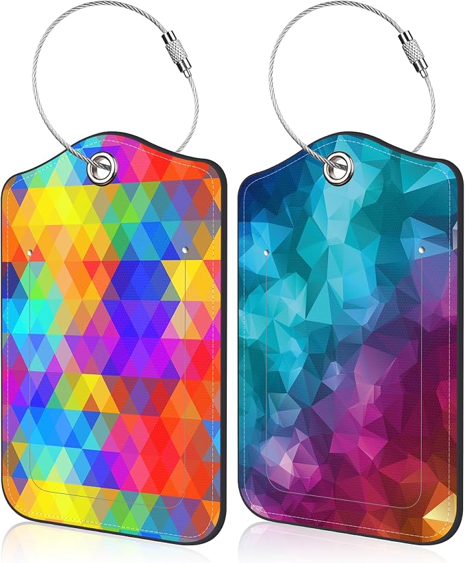 2 Pack Luggage Tag for Suitcase Polygonal and Rainbow Color Rhombus Leather by Unknown
