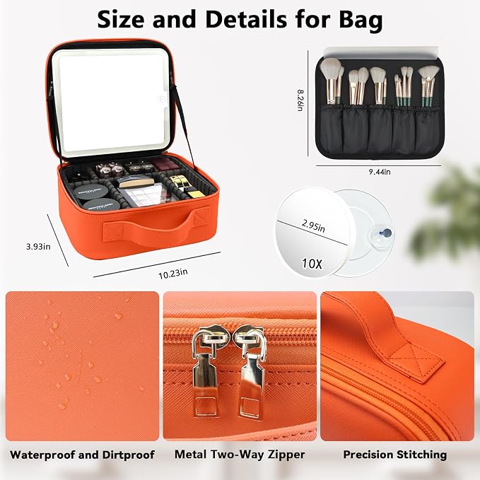Travel Makeup Bag with LED Mirror and 10x magnifying glass with 3 Lighted - Image 5