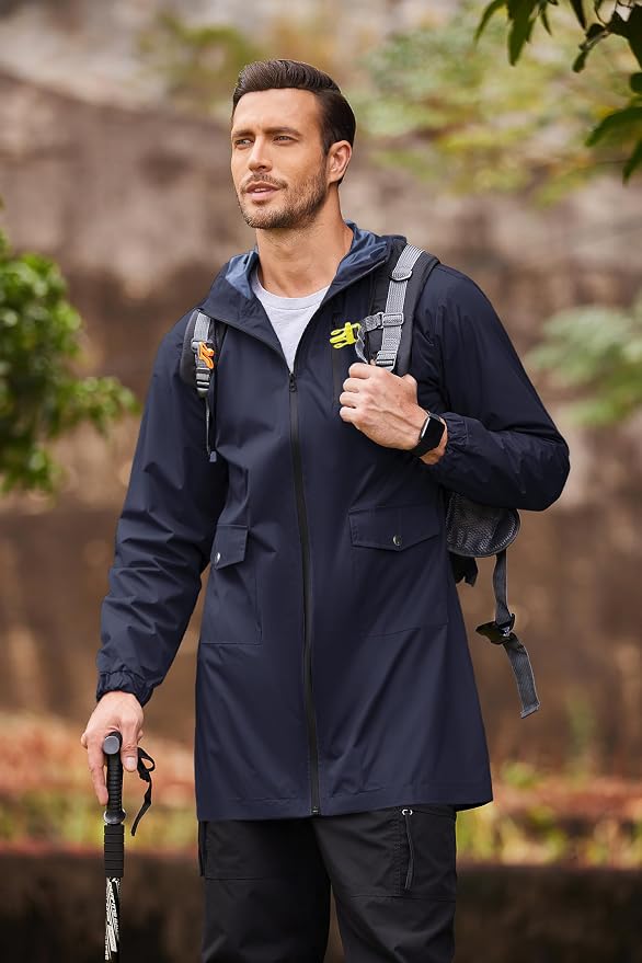 COOFANDY Men's Long Raincoat Ligtweight Rain Jacket Waterproof Outdoor Jackets - Image 2