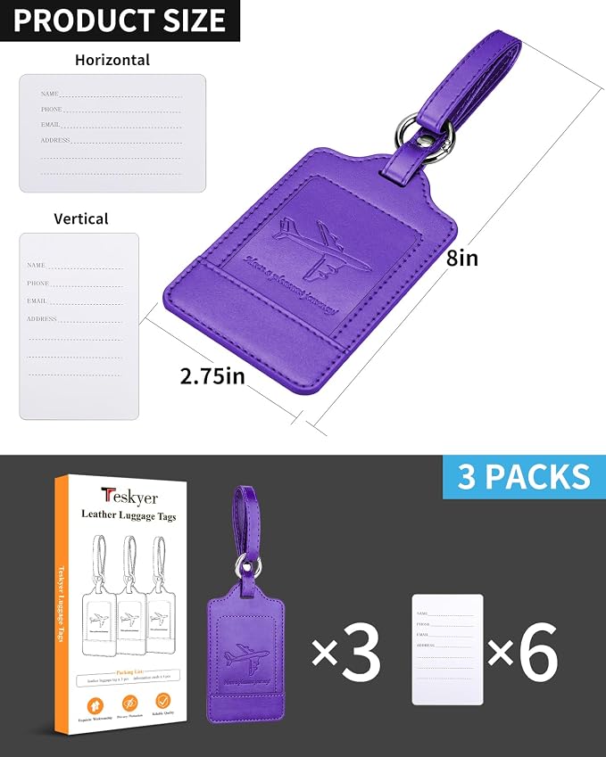 Teskyer Luggage Tags, 3 Pack Premium PU Leather Luggage Tags Privacy Protection - Image 7