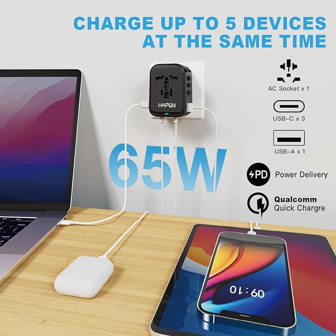 Universal Travel Adapter, GaN 65W International Power Adapter, 3 USB-C & 1 - Image 2