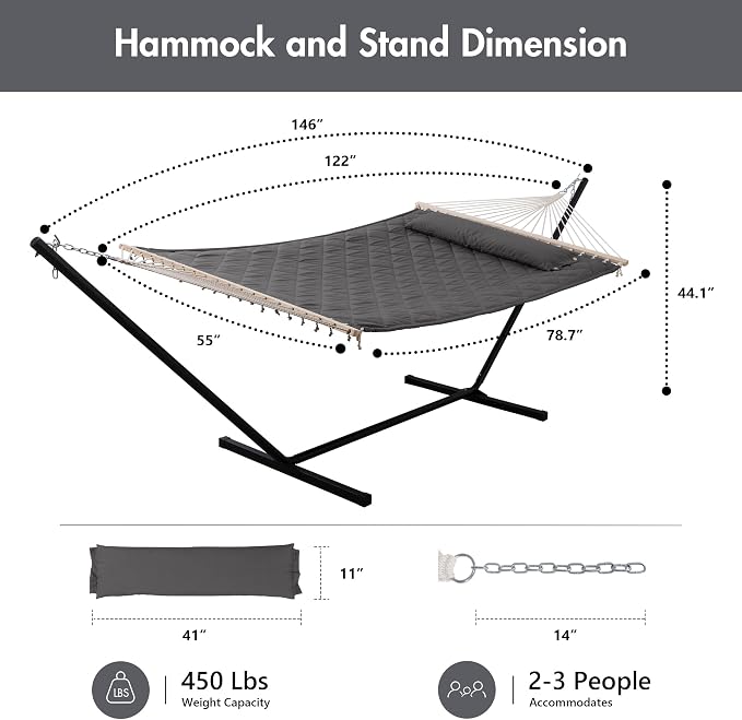 ANOW Double Hammock with 12FT Heavy Duty Steel Stand Included, 2 Person Hammock - Image 6