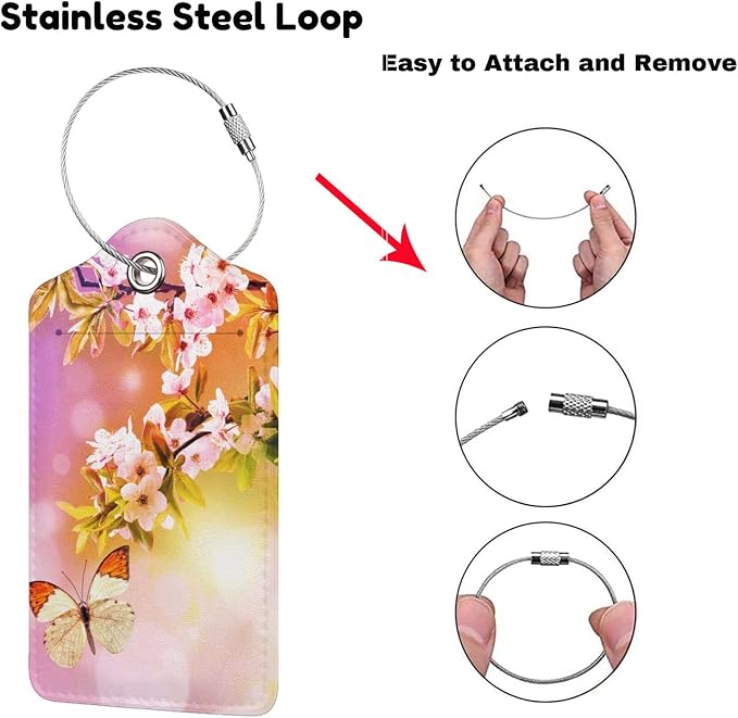 2 Packs Beautiful Spring Flowers PU Leather Luggage Tags Butterfly Suitcase - Image 2
