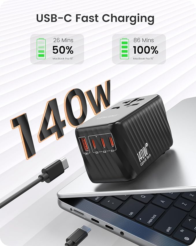 LENCENT 140W Universal Travel Adapter, International Plug Adaptor, GaN Fast - Image 2