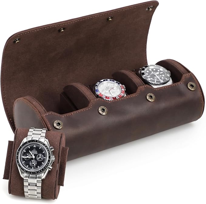 Genuine Leather Watch Roll Travel Case, 3 Slots Vintage Full Grain Leather by UPRESYE