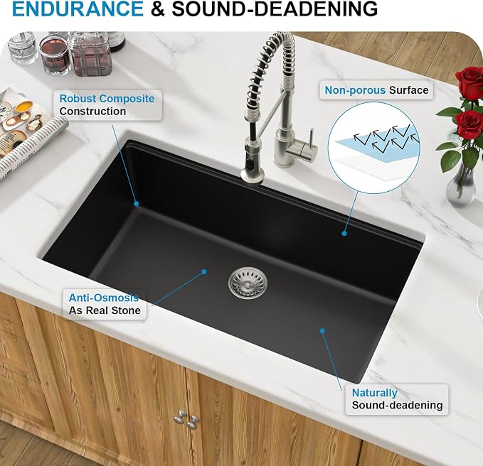 33 Inch Black Granite Composite Kitchen Sink Workstations Black Quartz - Image 6