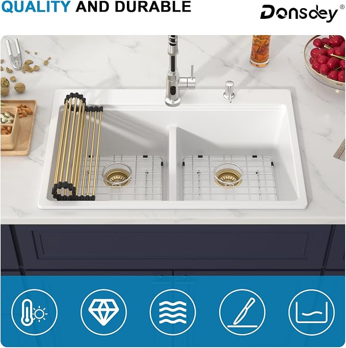 33 Inch Quartz Drop In White Kitchen Sink-Donsdey Double Bowl Topmount Granite - Image 8