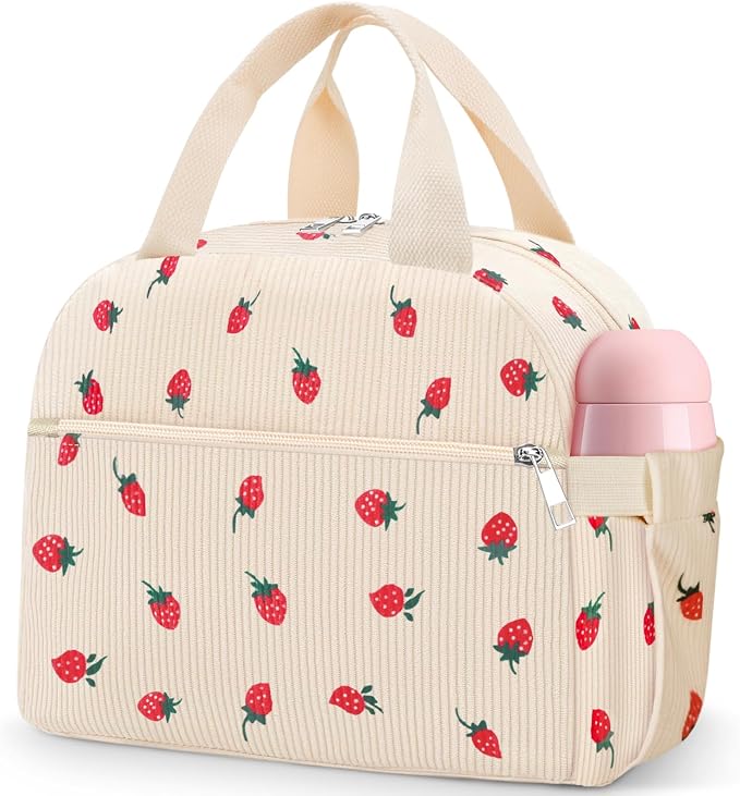 Lunch Bag Lunch Box for Women Adults Men, Cute Strawberry Corduroy Insulated by KUBYA