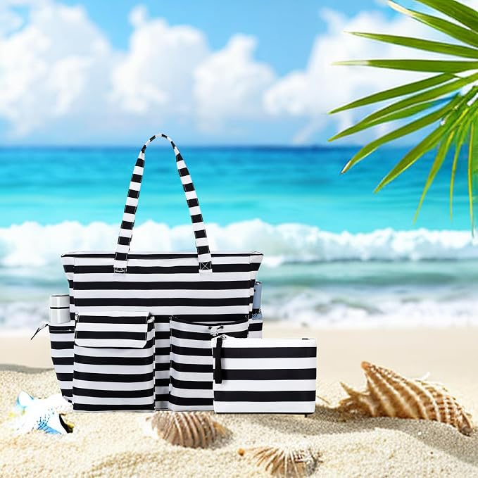 LEDAOU Large Beach Tote Bag Women Waterproof Sandproof Zipper Beach Tote Bag - Image 5