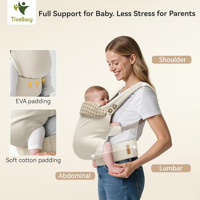 Reversible Baby Carrier, Khaki Solid & Houndstooth; Lightweight & Breathable - Image 6