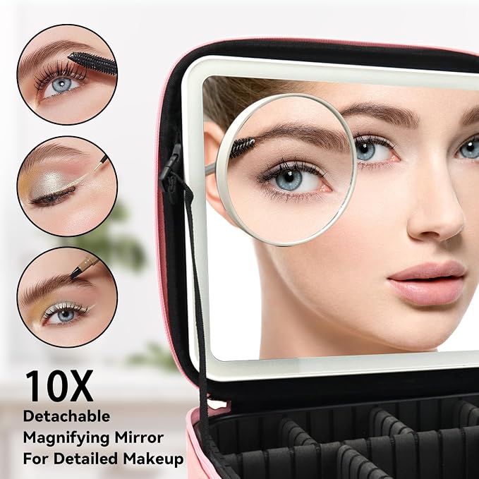 Travel Makeup Bag with LED Mirror and 10x magnifying glass with 3 Lighted - Image 2