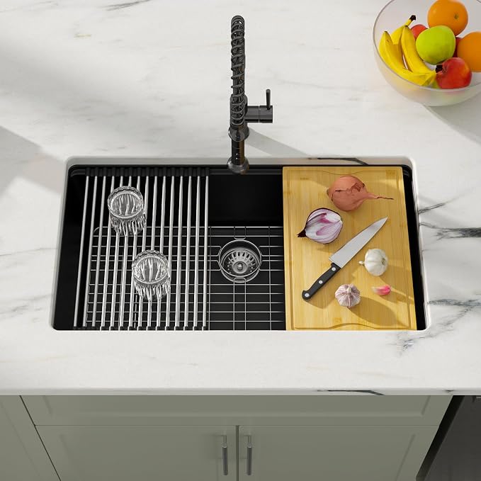 Dcolora 32 inches Granite Composite Kitchen Sink Workstation Black Undermount - Image 2