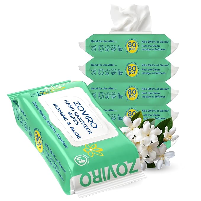 Zoviro Hand Sanitizer Wipes, Jasmine Essential Oils, 100% Viscose Ultra-Soft by ZOVIRO