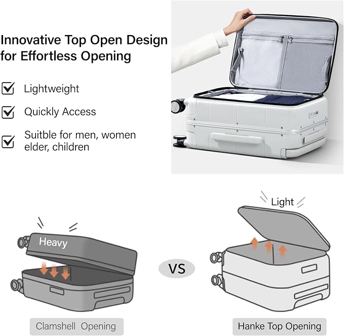 Hanke Top Opening Carry On Luggage, 20 Inch Zipperless Aluminum Frame Wide - Image 2