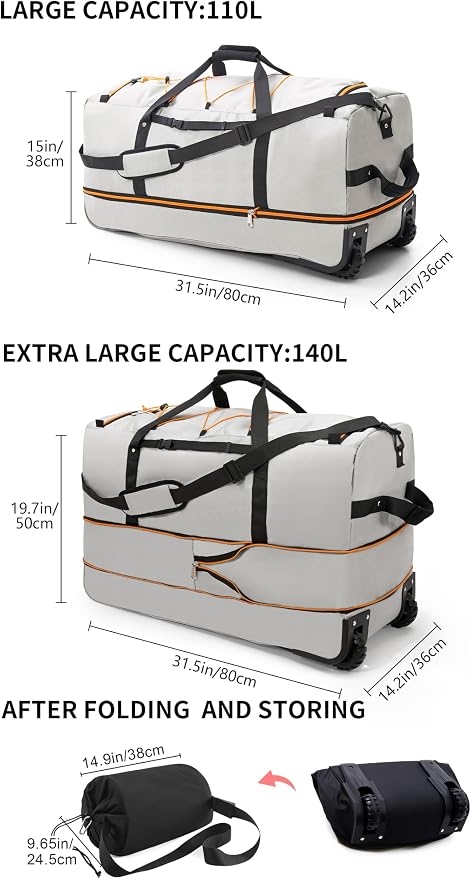 CONTAIL 32”110L Expandable 140L Rolling Duffle Bag - Image 7