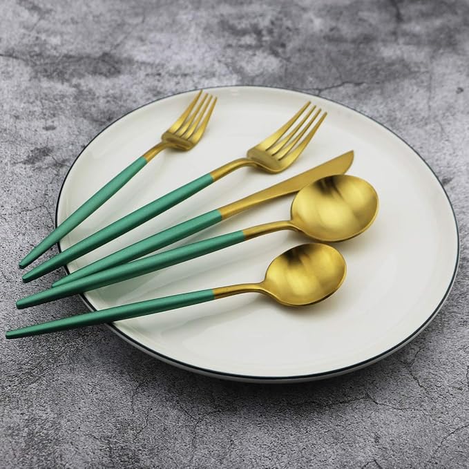 Green Handle Matte Gold Silverware, Gugrida 5-Piece 18/10 Stainless Steel - Image 2