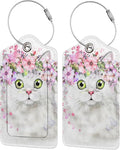 2 Pcs Cute White Cat with Pink Flowers Pattern Leather Luggage Tags, Funny by SNAPMADE
