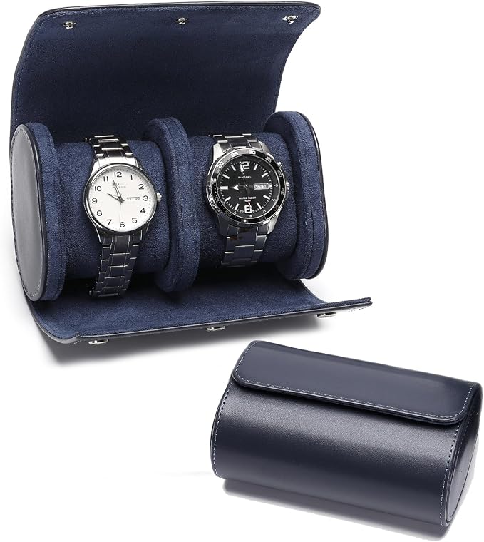 Watch Travel Case, Luxury Leather Watch Roll 2 Slot Organizer Box, Jewelry by Rudmox