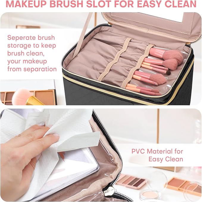 Large Makeup Bag with Mirror Double Layer Travel Make Up Organizer Case - Image 6