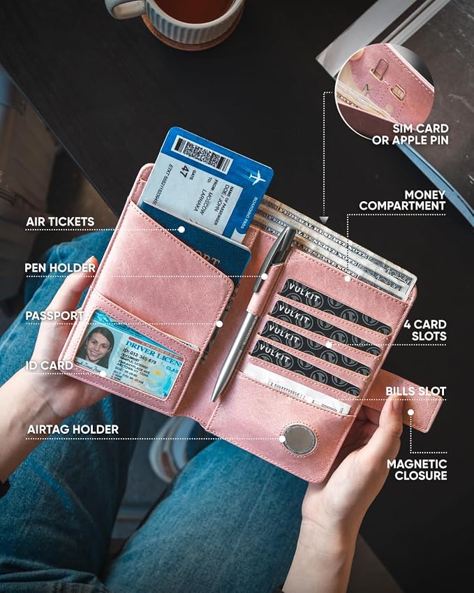 VULKIT Passport Holder with Airtag Holder RFID Blocking Passport Wallet Travel - Image 4