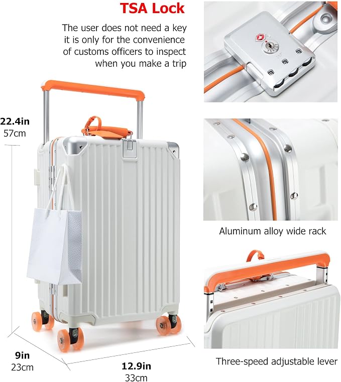 feilario 20" Aluminum Frame Wide Handle Hard Shell Carry On Suitcase - Image 4