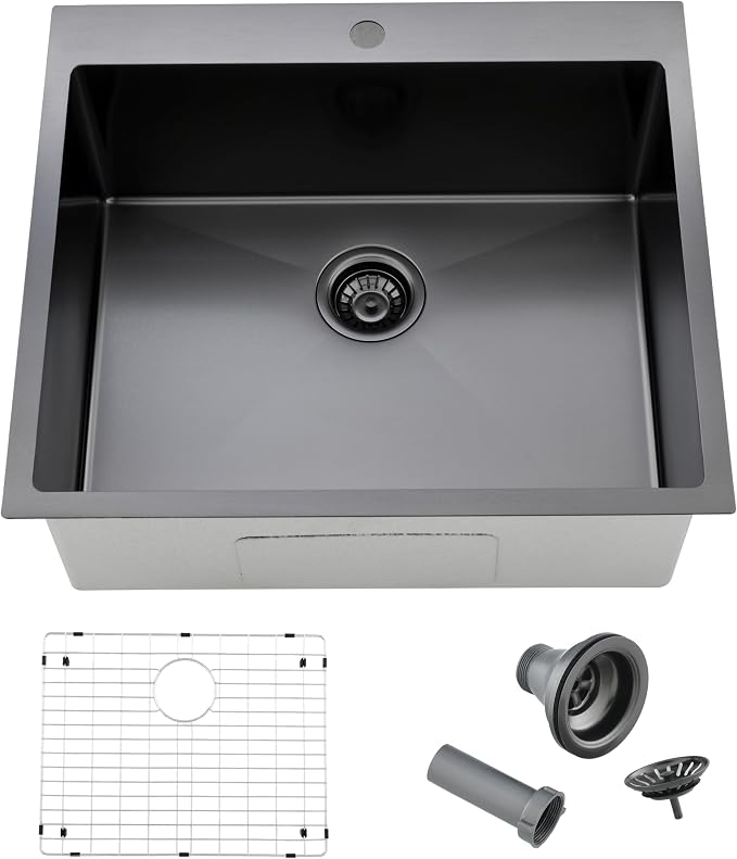 Comllen 25 x 22 Inch Drop In Black Kitchen Sink, Topmount 16 Gauge Stainless by Comllen