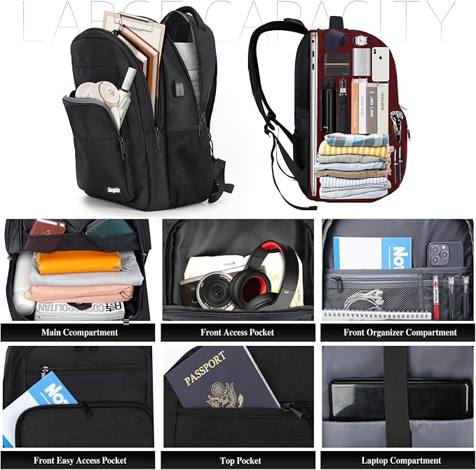 Black Backpack for Men Women, School Backpack for Boys Girls Teens, 15.6 Inch - Image 2