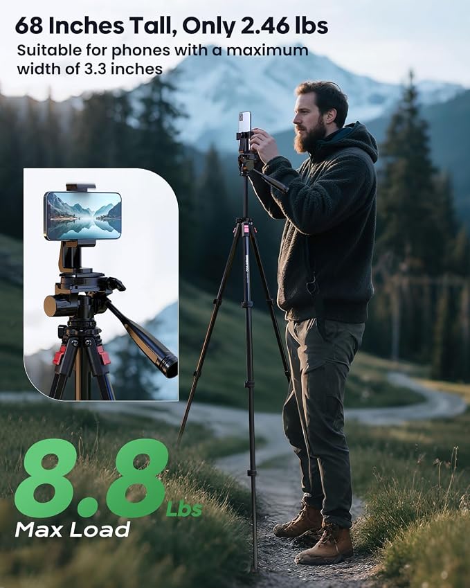 68" Lightweight Camera Tripod Stand, Compact Portable Travel Aluminum Tripod - Image 4