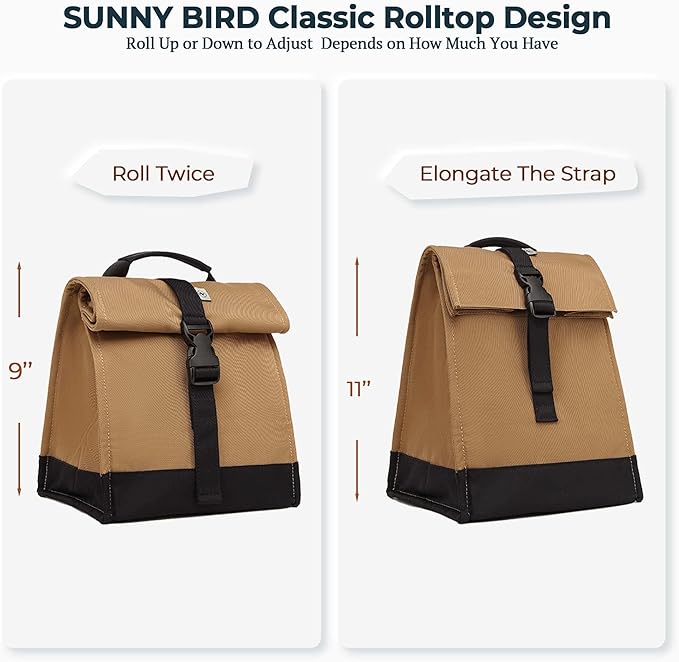 SUNNY BIRD Insulated Lunch Bag Rolltop Lunch Box Tote Bag - Image 4