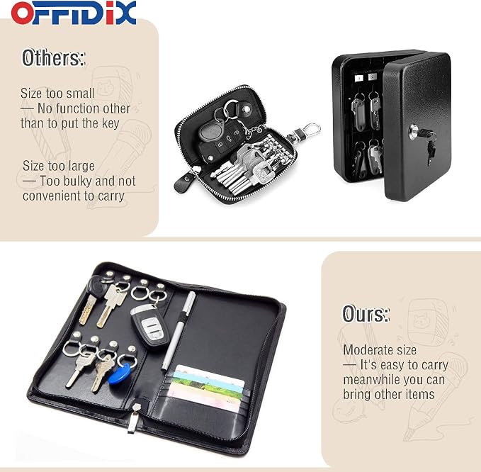OFFIDIX PU Leather Portable Key Cabinet, 8-Key Hooks Portable Zippered Key Case - Image 6