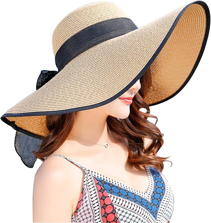 DRESHOW Beach Hats for Women Big Straw Wide Brim Summer Hat Floppy Foldable by DRESHOW