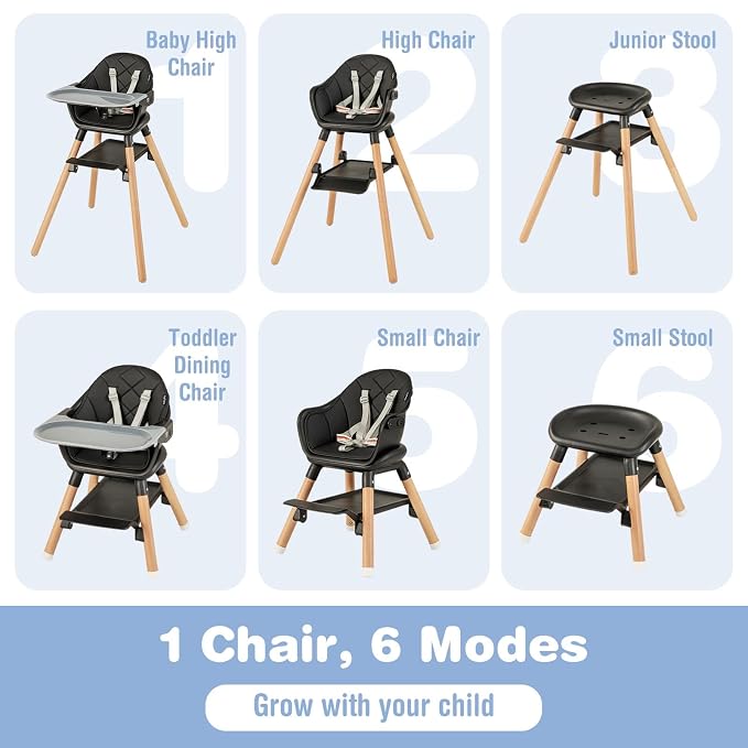 BABY JOY Baby High Chair, 6 in 1 Convertible Wooden High Chair - Image 2