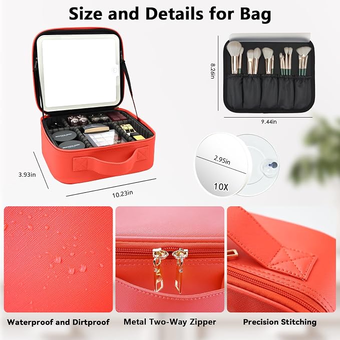Travel Makeup Bag with LED Mirror and 10x magnifying glass with 3 Lighted - Image 5