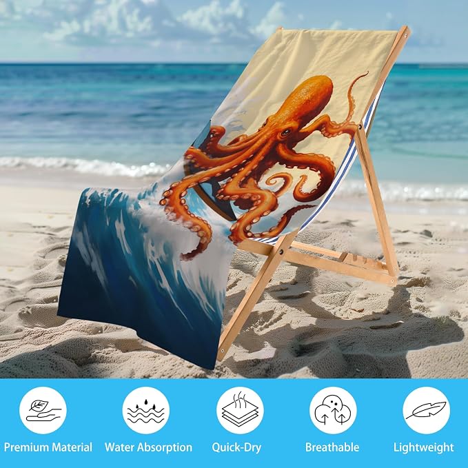WZOMT Microfiber Octopus Beach Towel, Funny Octopus Surfing Ocean Animal Print - Image 2