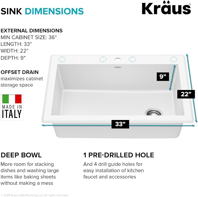 KRAUS Forteza 33-inch Granite Drop In/Undermount Single Bowl White Kitchen Sink - Image 6