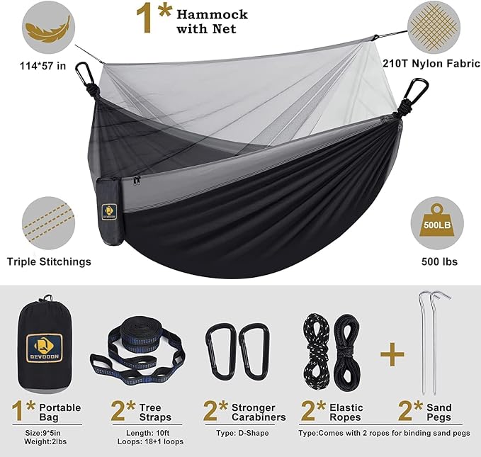 Camping Hammock with Net, Portable Lightweight Double Hammocks with Tree Straps - Image 2