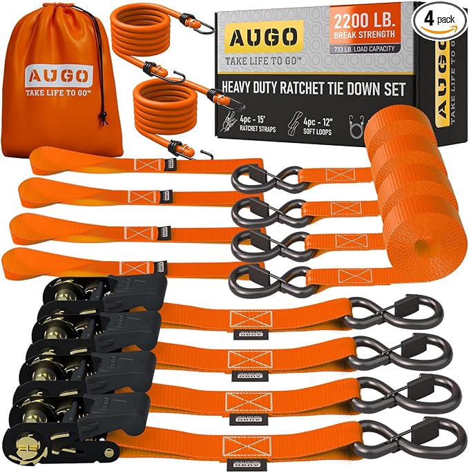 AUGO Ratchet Straps Heavy Duty 4 Pack -15 FT - 2200 LB Break Strength – - Cargo by AUGO