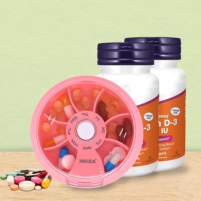 INVODA Weekly Pill Organizer 7 Compartment Rotating Pill Box - Image 8