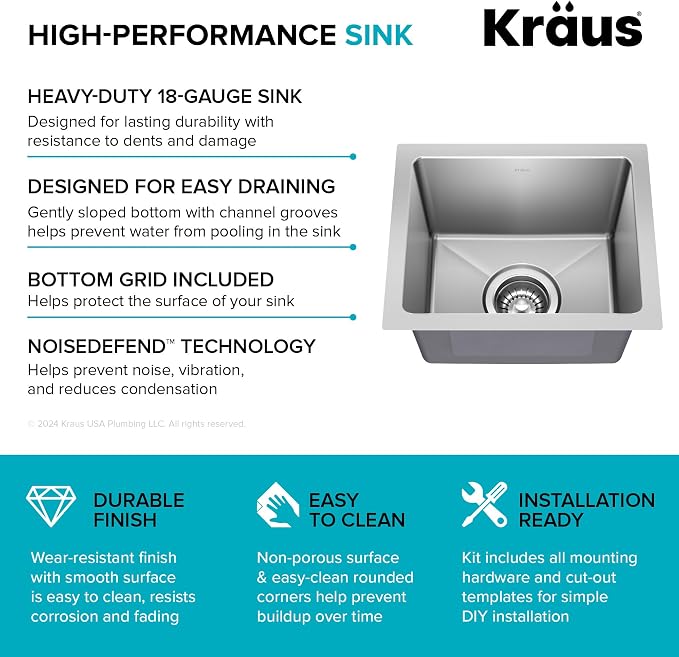 KRAUS Fairlane 15-inch Undermount Single Bowl 18-Gauge Stainless Steel Kitchen - Image 4