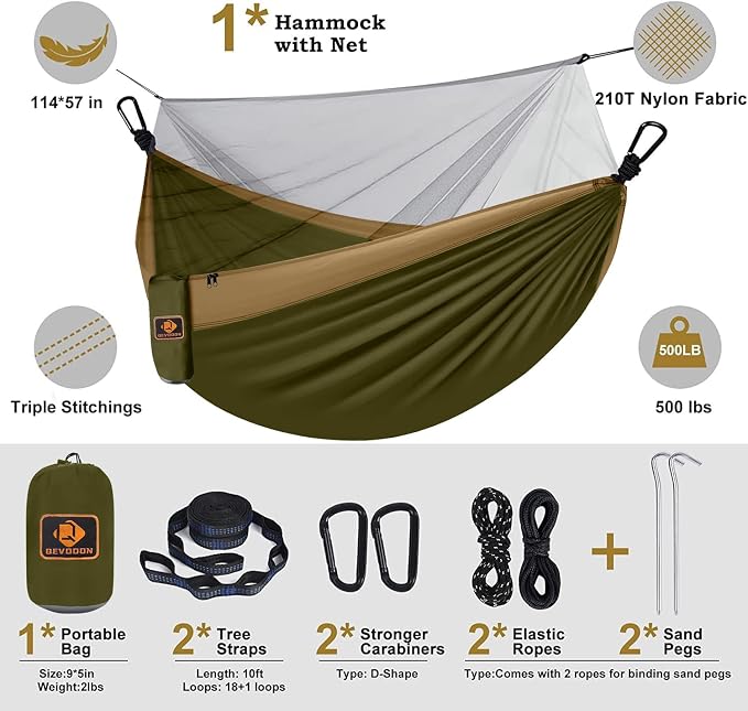 Camping Hammock with Net, Portable Lightweight Double Hammocks with Tree Straps - Image 2
