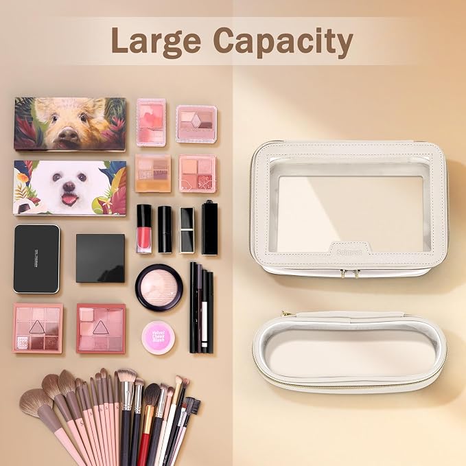 Travel Clear Makeup Bag with Makeup Brush Bag, Leather Makeup Case Toiletry Bag - Image 3