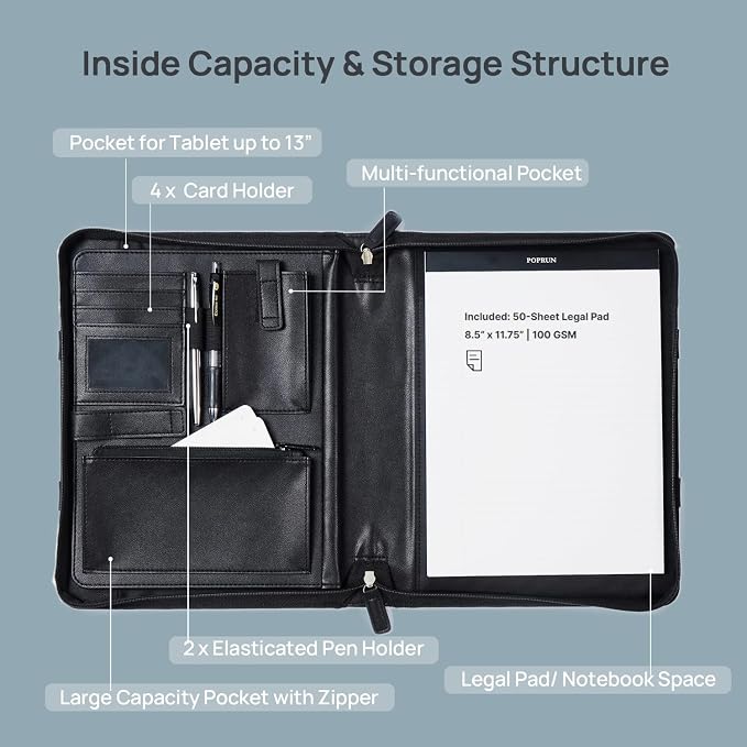 POPRUN Portfolio Binder with Zipper, Leather Padfolio Document Organizer with - Image 2