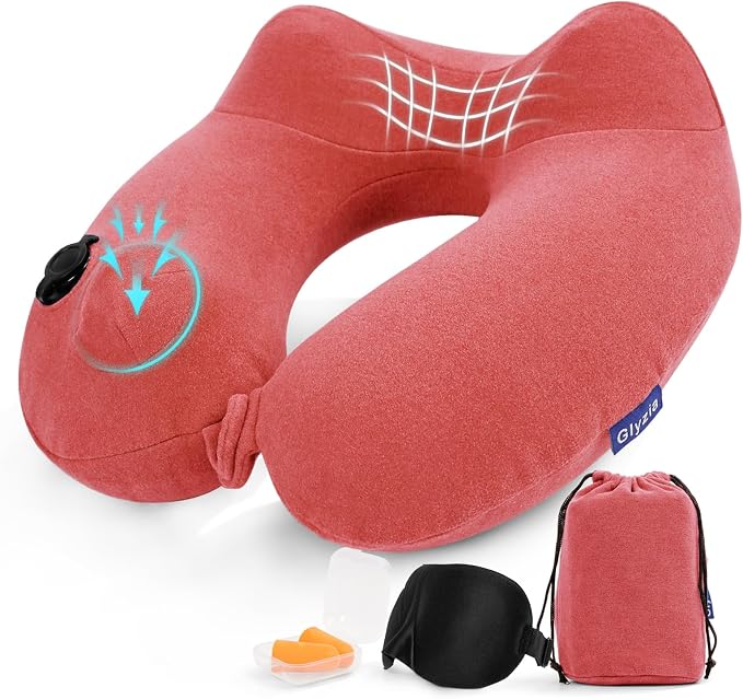 Inflatable Travel Neck Pillow for Airplane, Head Support Velvet Adult Neck by Glyzia