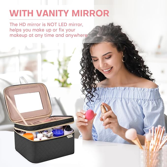 Large Makeup Bag with Mirror Double Layer Travel Make Up Organizer Case - Image 3