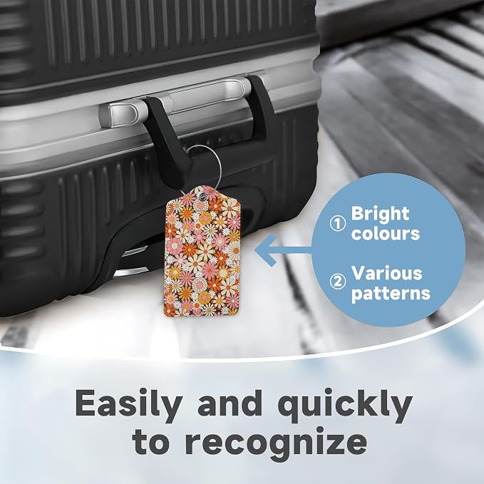 2 Pack Luggage Tag for Suitcase, Vintage Groovy Flowers Leather Suitcase Tags - Image 4