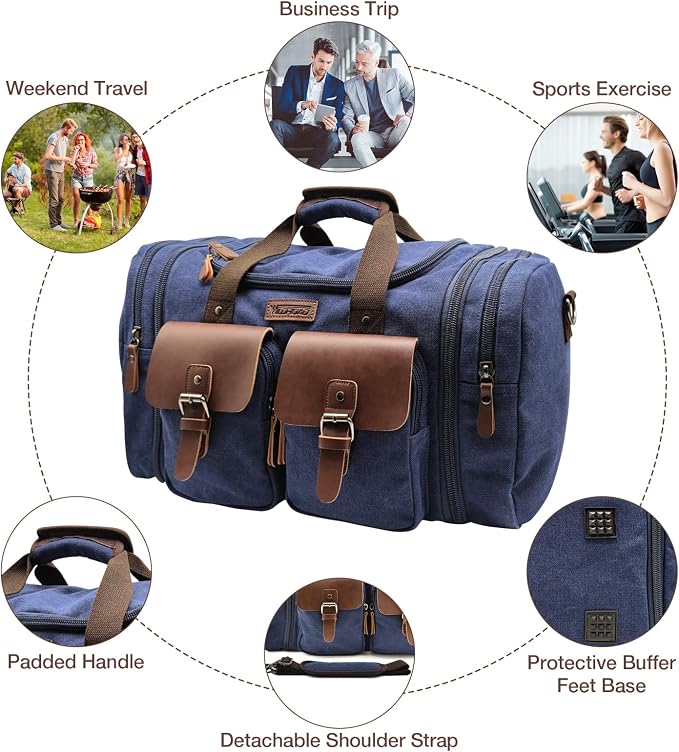 Wildroad 50L Travel Duffel Bag, Expandable Canvas Genuine Leather Duffle Bag - Image 4