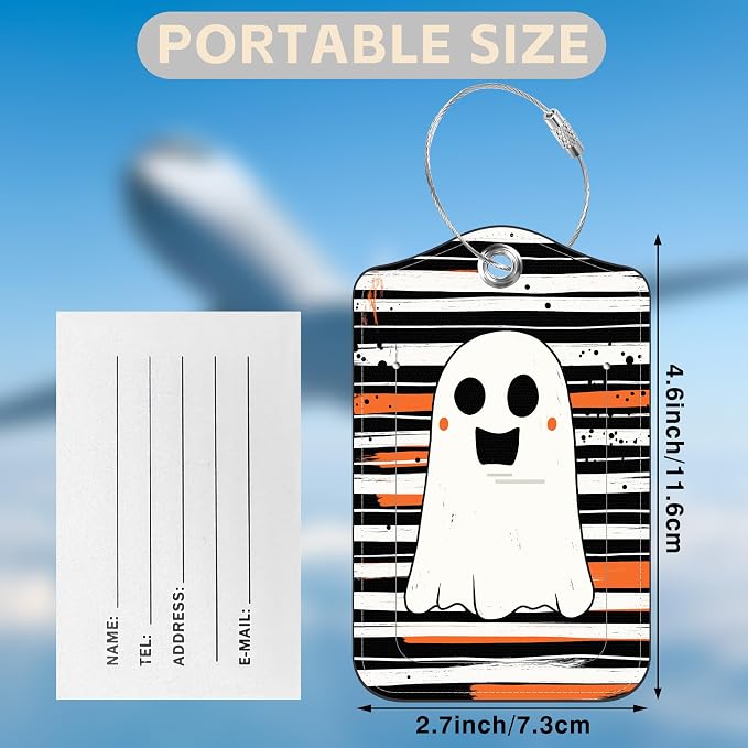 Halloween Set of 2 Luggage Tags Cute Ghost on Black and White Stripes Luggage - Image 2