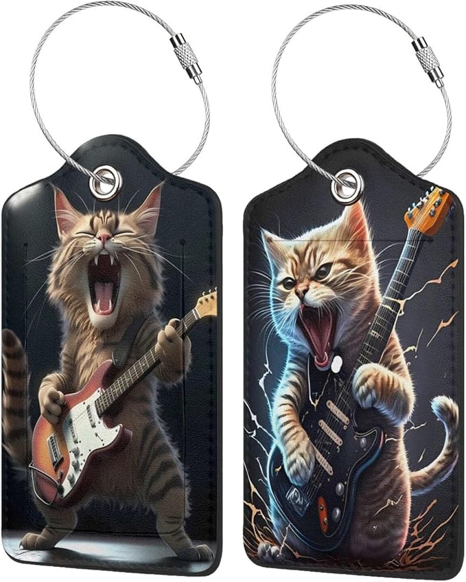2 Pack Luggage Tags for suitcases Guitar Funny Cute cat Luggage Tag, Leather by Wvpslak