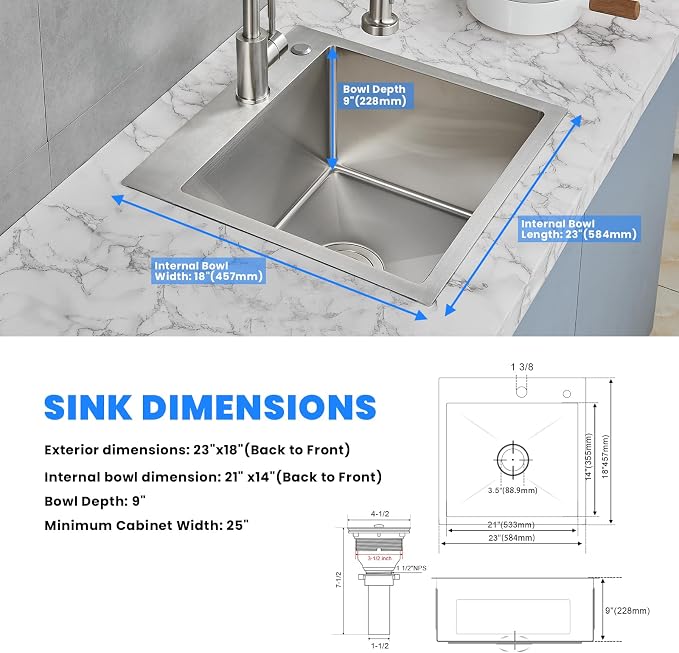 POPFLY 23 Inch Drop In Kitchen Sink, 23×18 Inch Top mount Small Bar Prep Sink - Image 7