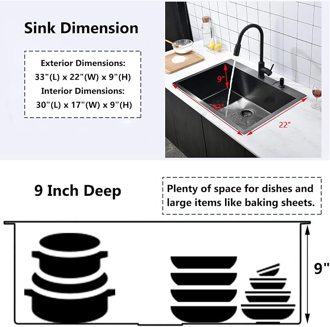 COMLLEN 33"x22"x9" Black Drop In Kitchen Sink, Top Mount SUS304 Stainless Steel - Image 6